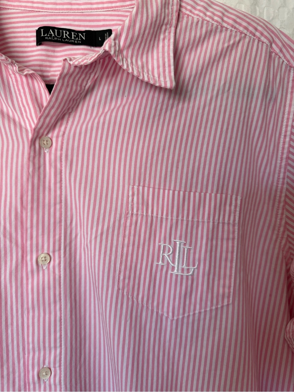 Lauren Ralph Lauren Pink White Stripe Logo Button Up Tunic Shirt Dress Large - Picture 3 of 7